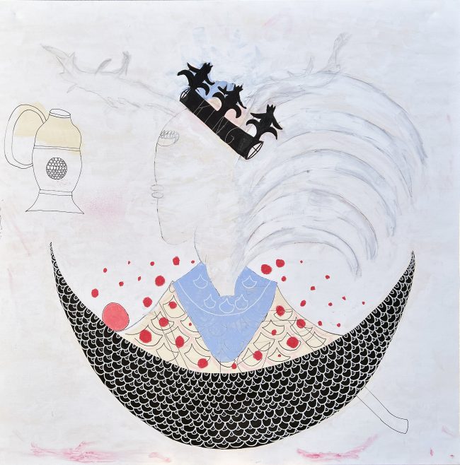 Maleri på lærred med titlen Stilleben i oprørt hav af Steffen Martin