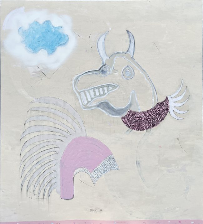 Maleri på lærred af Steffen Martin med titlen "Må jeg gætte på, at din familie også er lidt skør"